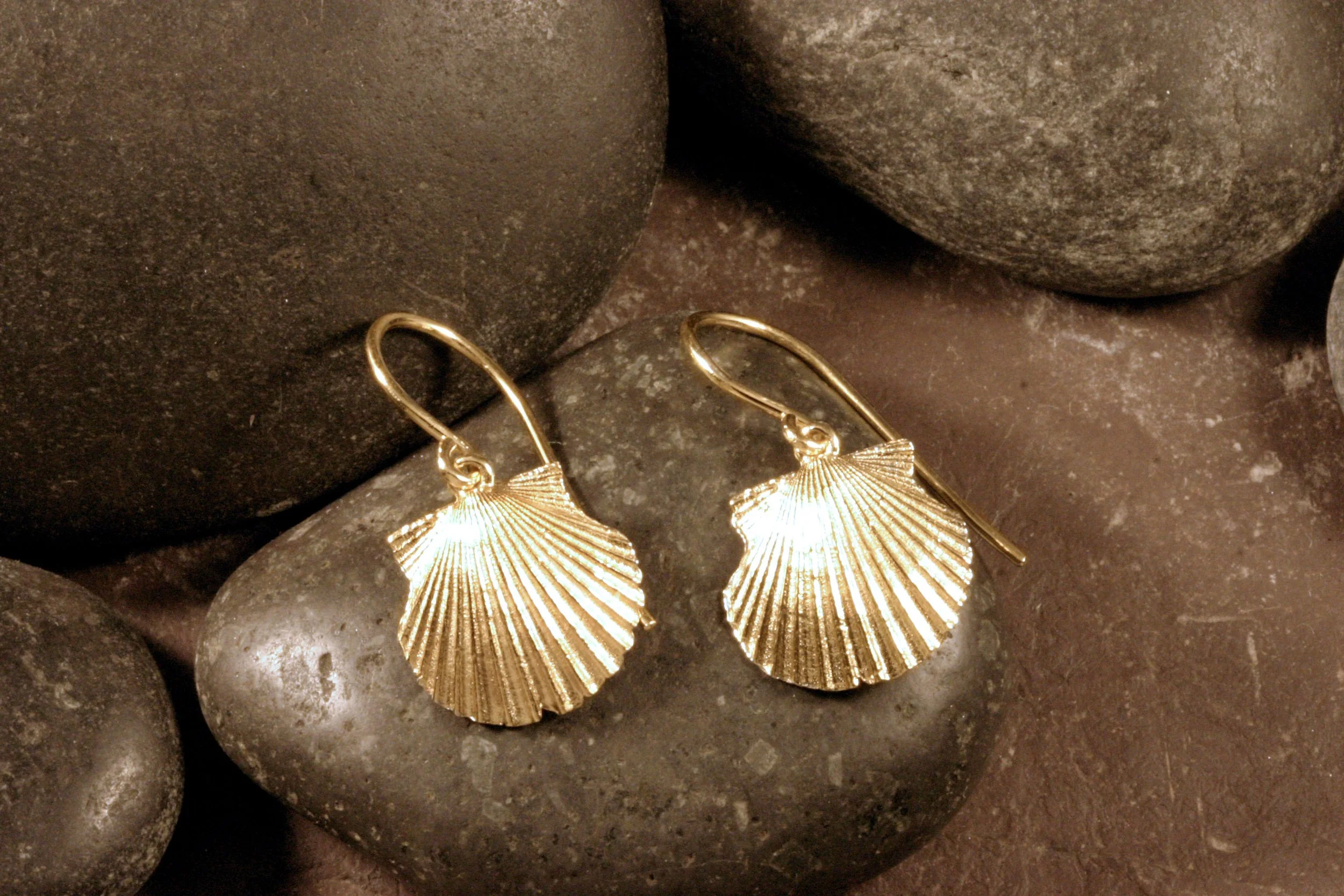 14K gold scallop seashell dangle earrings with handmade french hooks