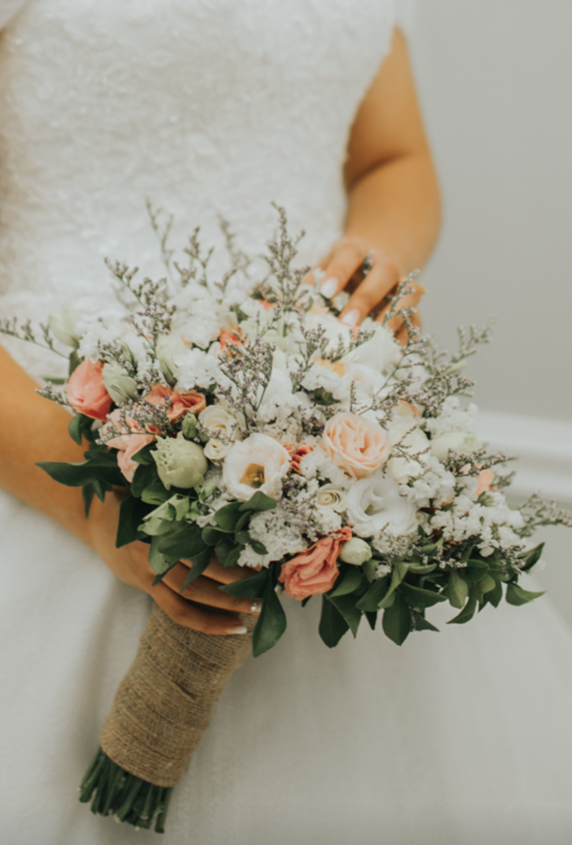 custom bridal bouquet recreation silk wedding flowers statice, limonium, lisianthus, jasmine greenery