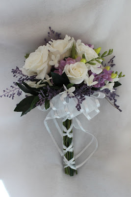 Wedding Flowers 3 Ivory & Deep Purple  Wedding Corsage Fern Diamantes 