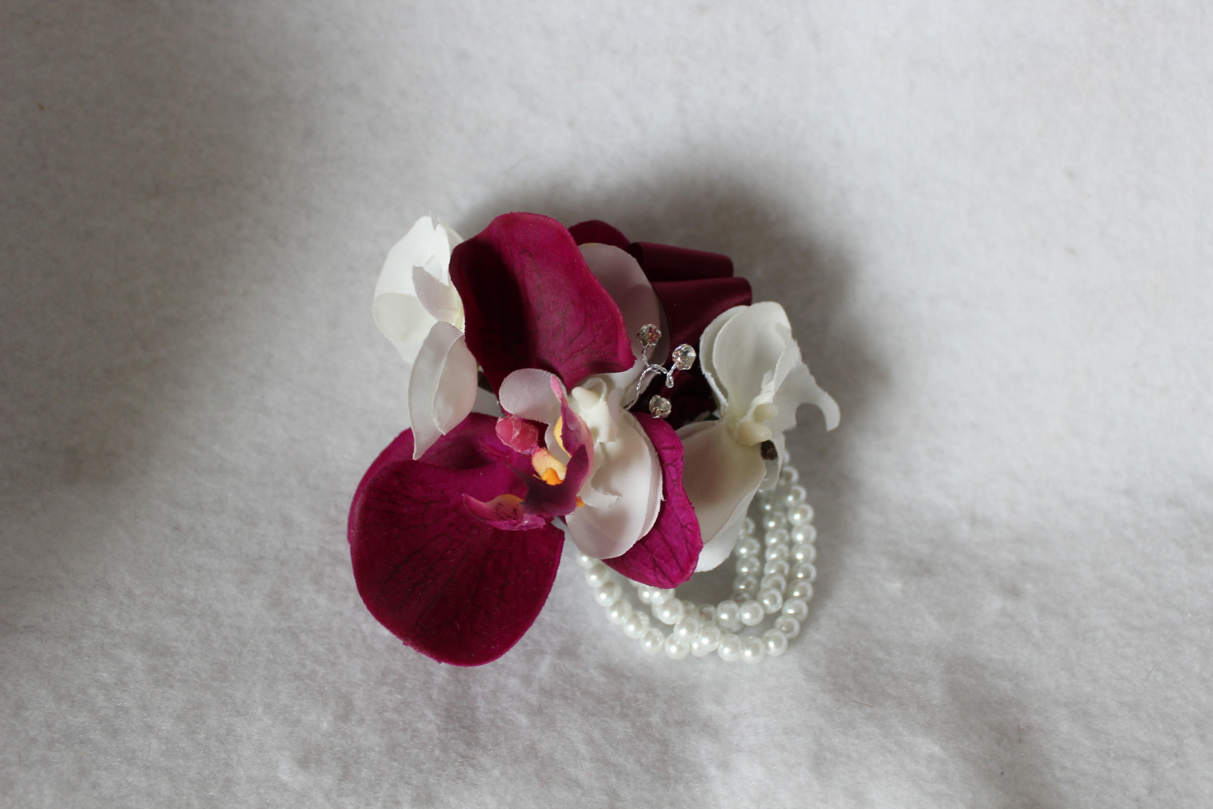 Copy of Wine and White Orchids with Pearl Beaded Bracelet Corsage - Minneapolis Silk Florist