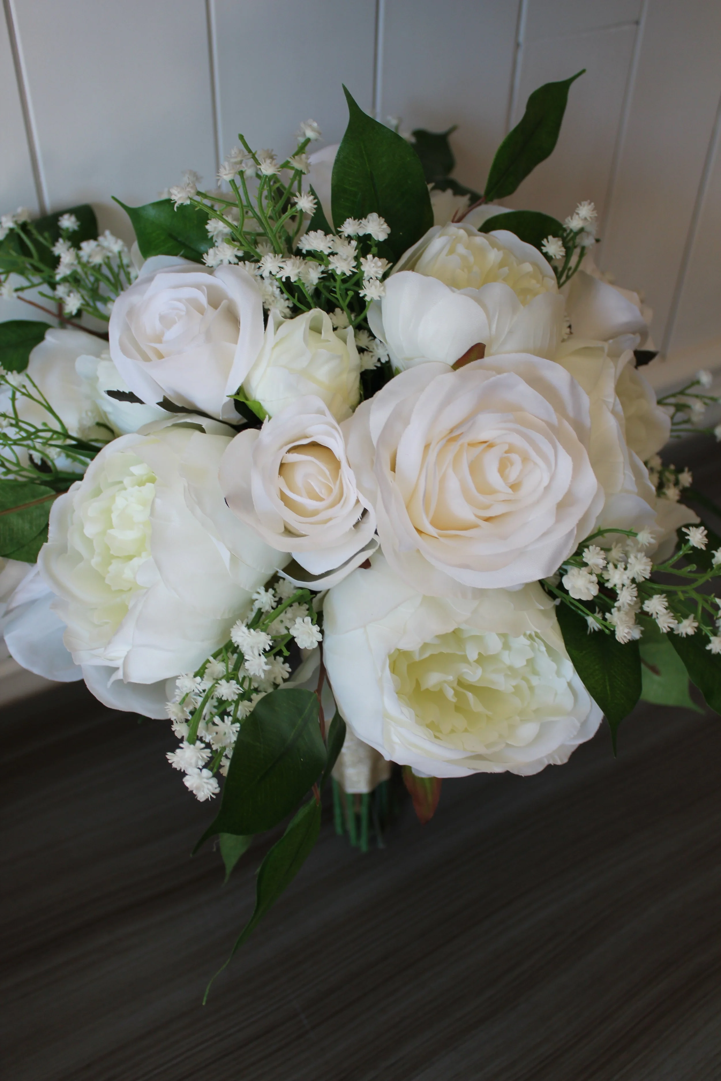 Ivory and White Silk Wedding Flower Bouquets with Greenery