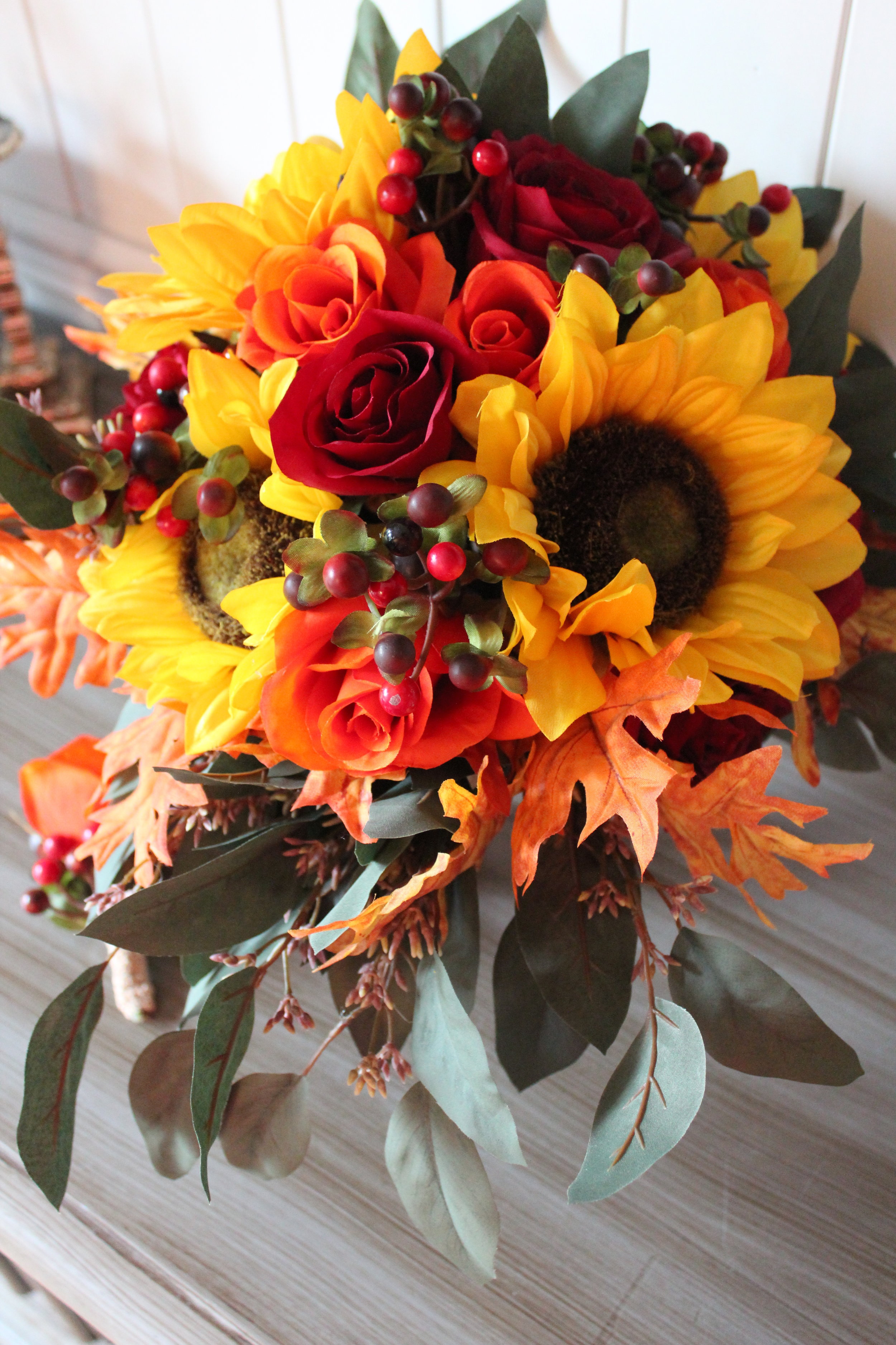 Fall Wedding Bouquet, Boutonniere and Cake Topper Recreation in Silk Flowers