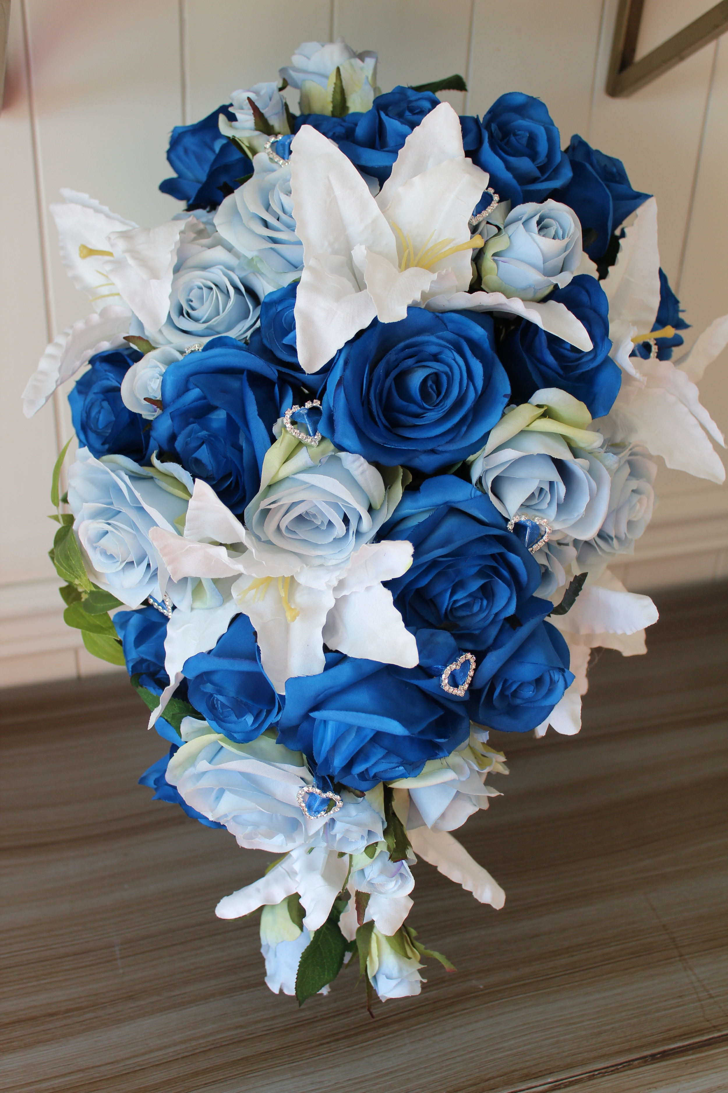 Royal Blue Silver White Rose Bridal Wedding Bouquet & Boutonniere 