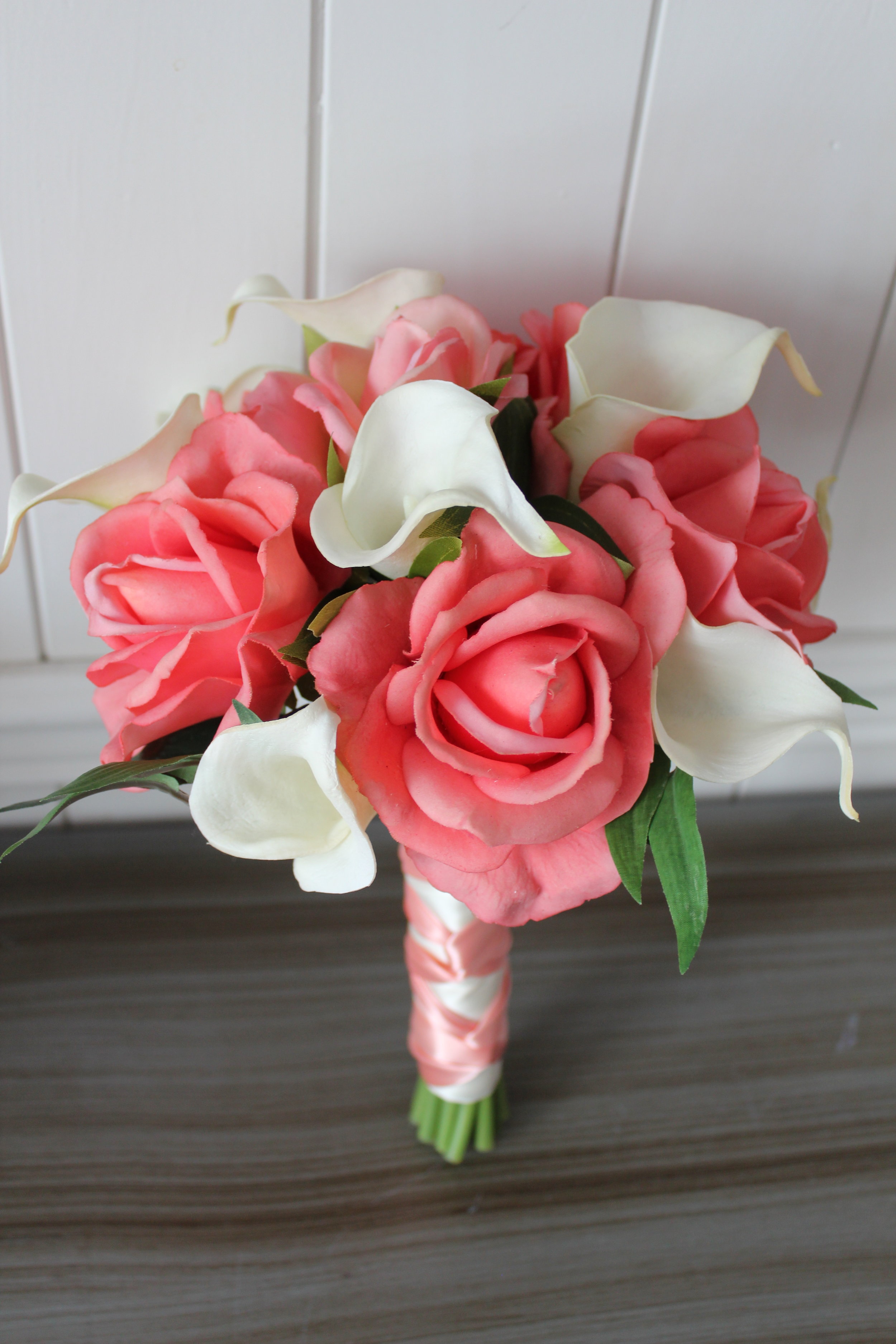 CHOOSE RIBBON COLOR Pin Corsage Greenery Pink Coral and White Calla Lily and Orchid Corsage Coral Corsage Beach Wedding Wedding
