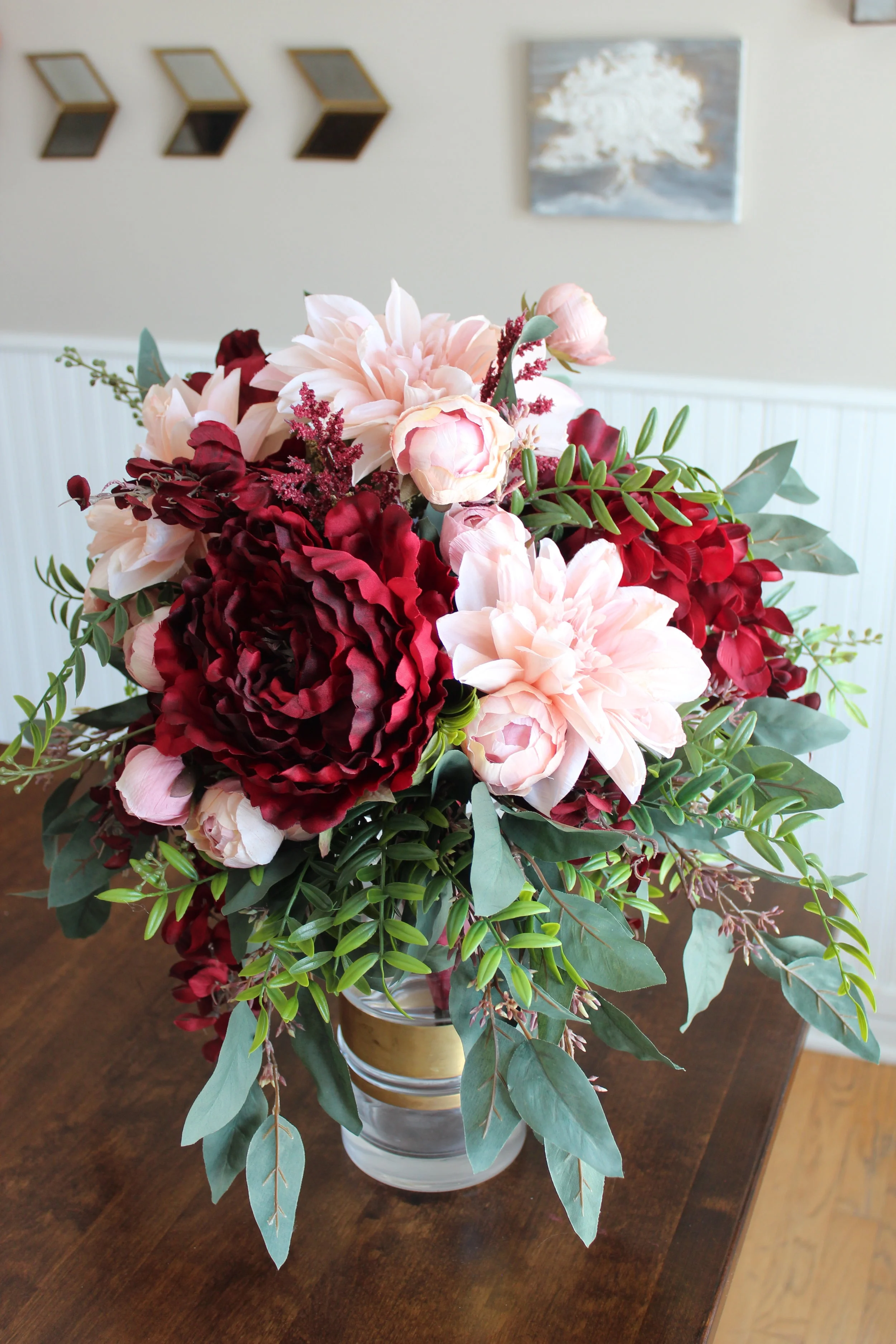 Burgundy Dahlia &amp; Blush Peony Cascade Silk Wedding Bouquet