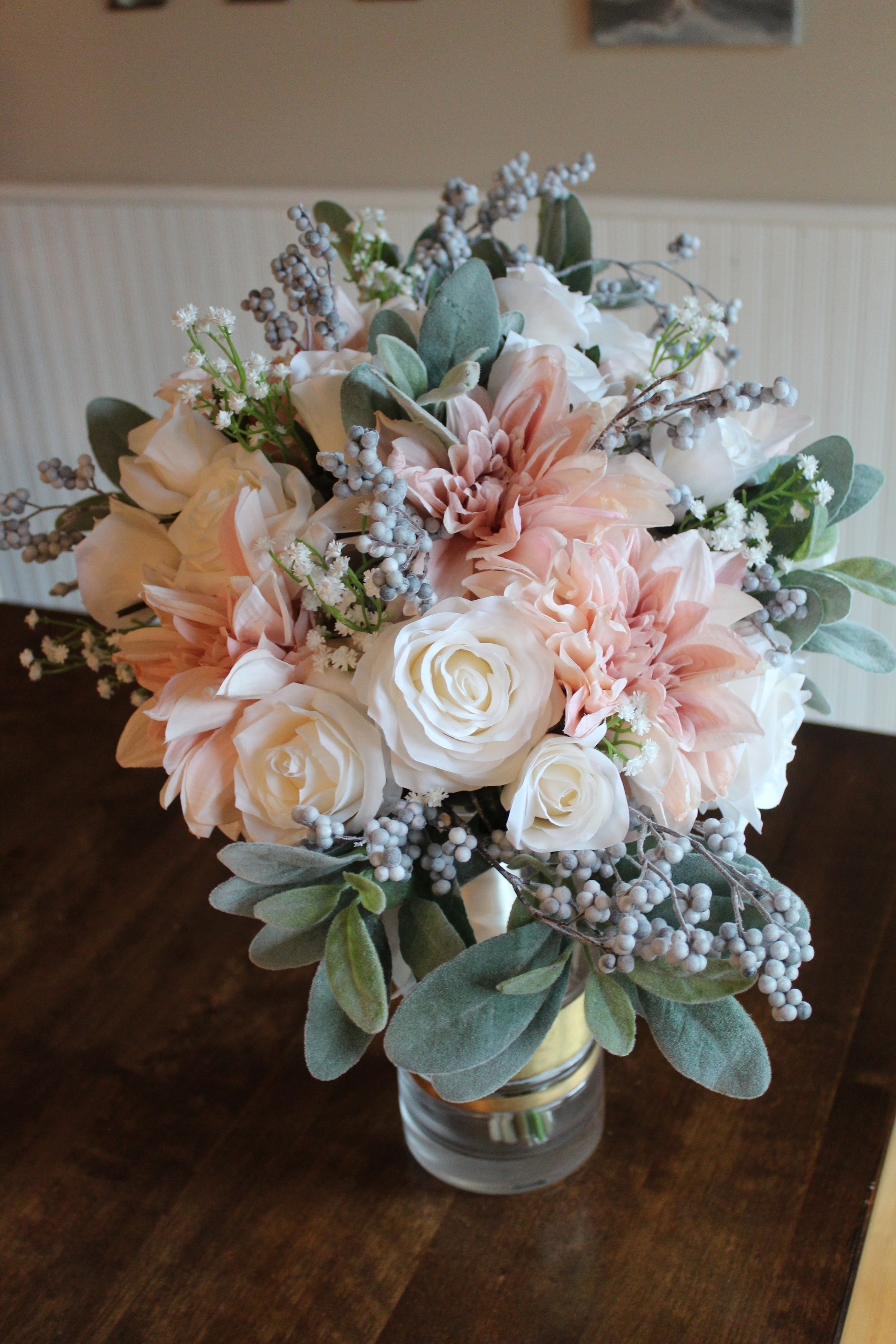 Champagne, Ivory, Gray and Dusty Blue Silk Wedding Flowers