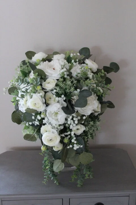 Green and White Silk Wedding Flowers with Structure Arrangement for Destination Wedding