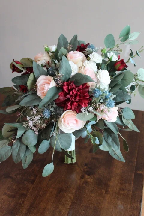 Burgundy, Blush, and Dusty Blue Silk Wedding Flowers