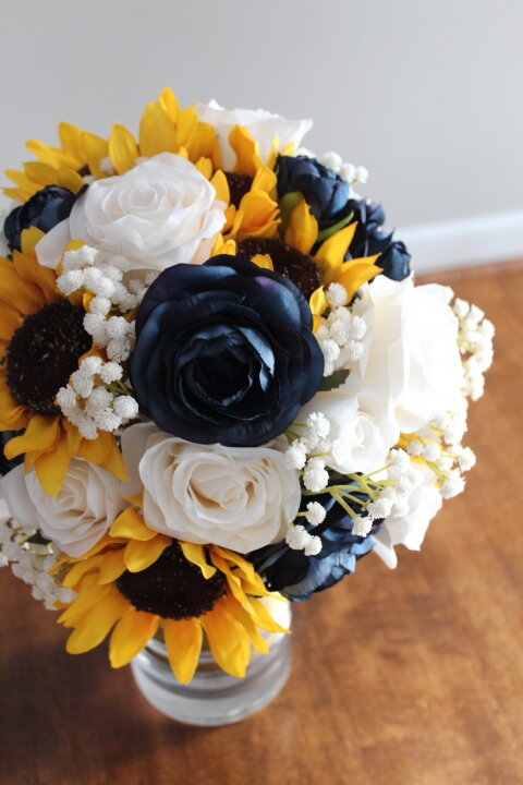 Elegant keepsake large bridal bouquet for wedding vows renewal turquoise yellow 