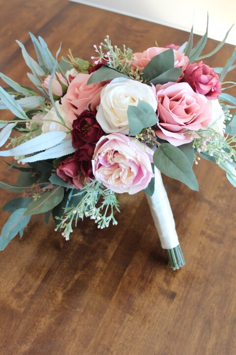 Bridal Posy Bouquet  baby pink/raspberry and Ivory Roses  with Brooches
