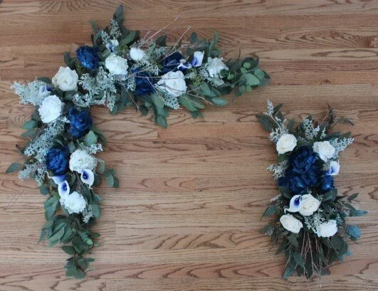 Blue, White and Rosegold Silk Wedding Flowers with Pergola Arrangement