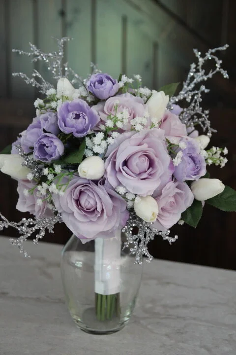Lavender, White and Silver Silk Wedding Flowers with Bling
