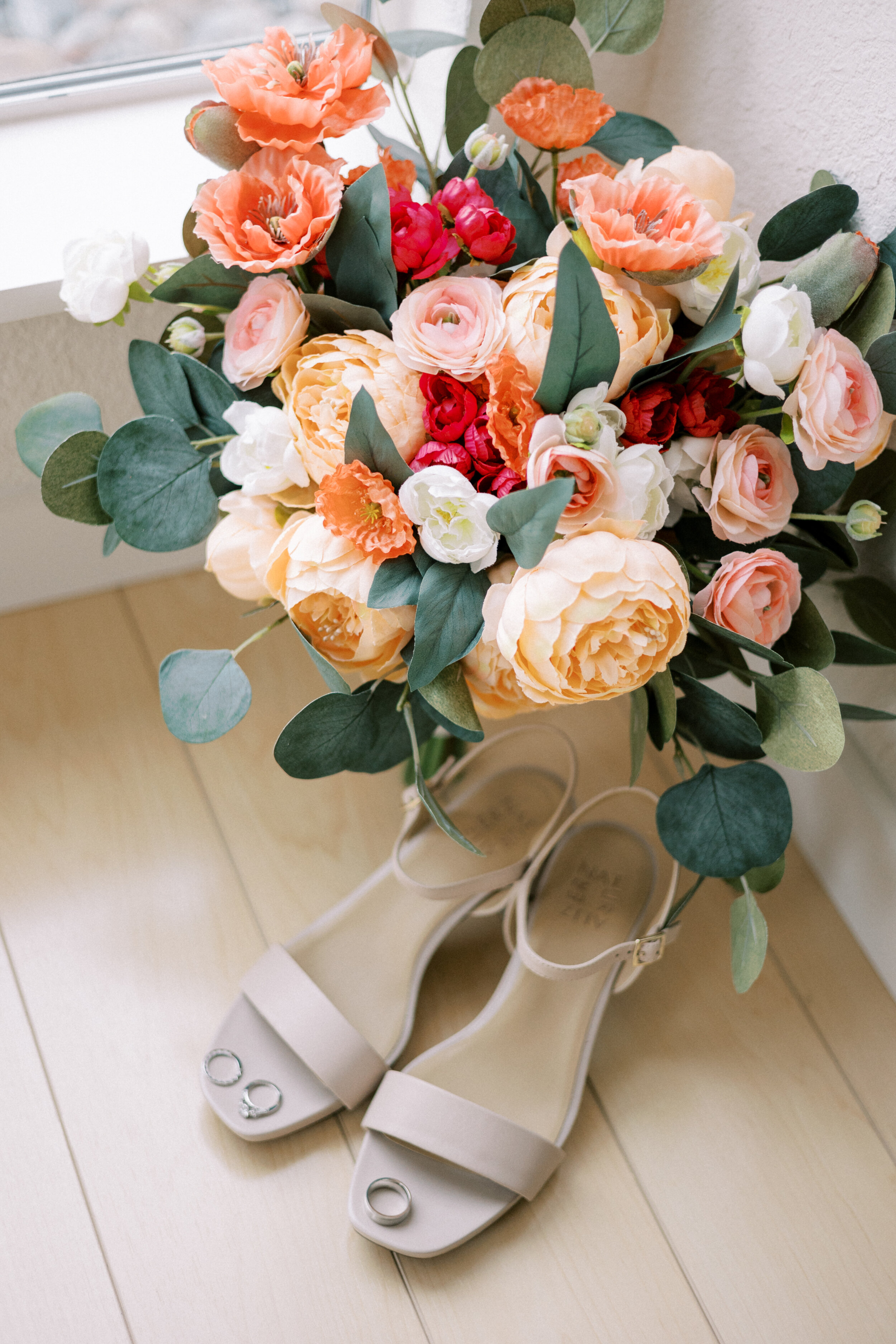 Coral Light Green Ivory Rose Hydrangea Bridal Wedding Bouquet & Boutonniere 