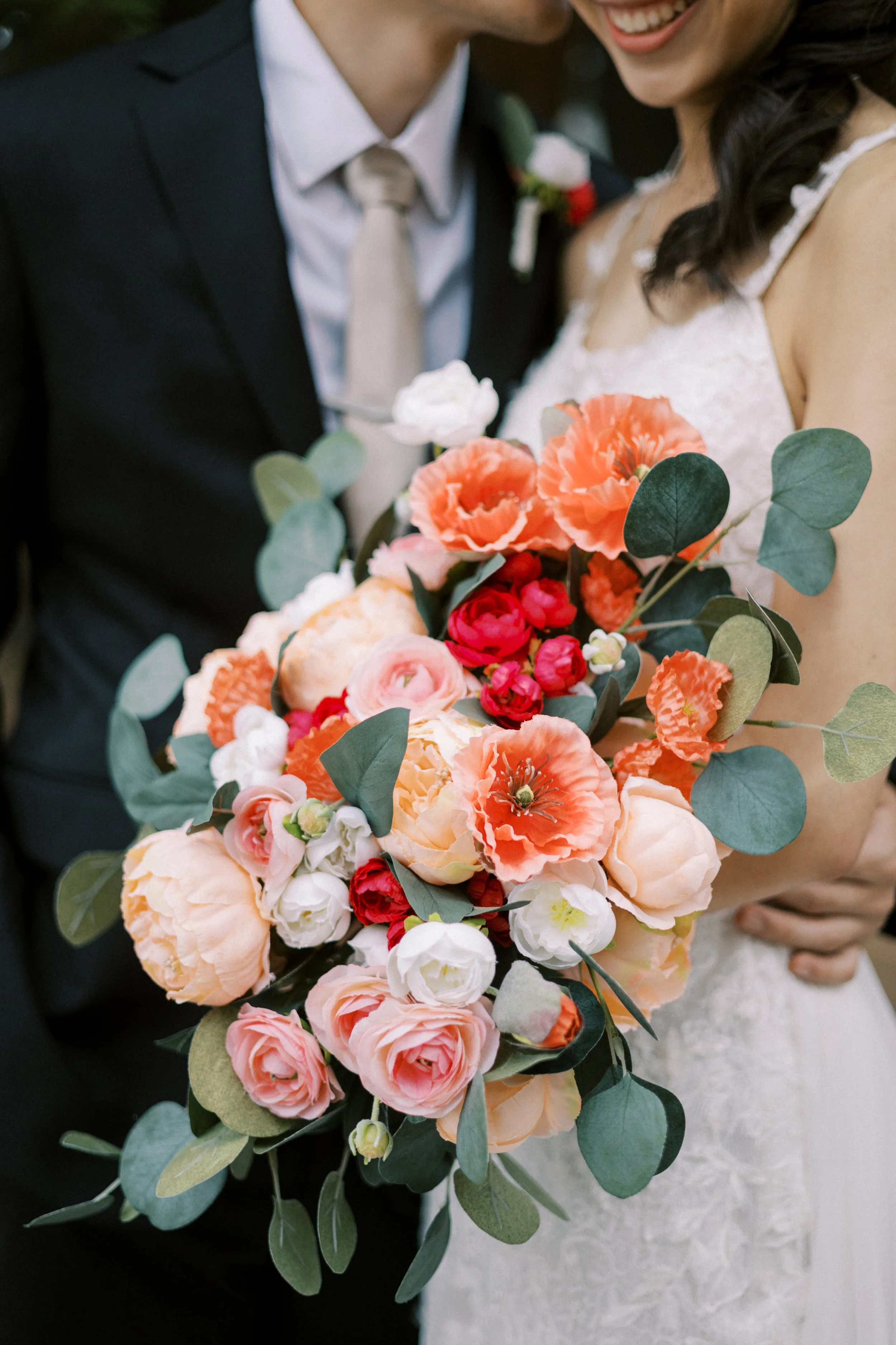 Peach, Coral, and Magenta Silk Wedding Flowers - Reveal