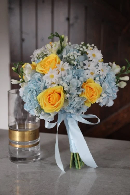 Happy Yellow, White and Blue Silk Wedding Flowers - Review