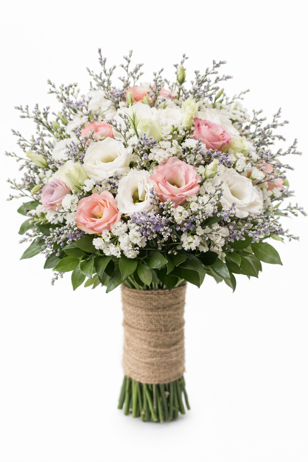 custom bridal bouquet recreation silk wedding flowers statice, limonium, lisianthus, jasmine greenery