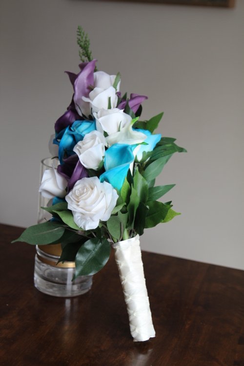 Teal Purple Royal Blue Calla Lily Galaxy Orchid Bridal Wedding Bouquet  Accessories 