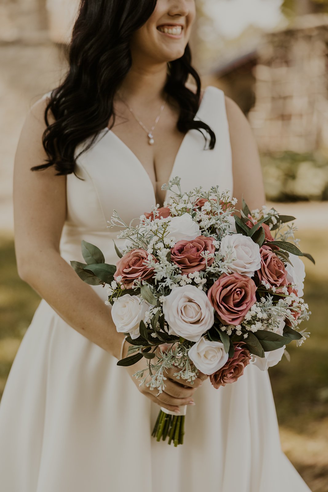 Elaina Artificial Mauve Rose Bridal Bouquet - Real Touch White and Mauve  Rose Wedding Bouquet