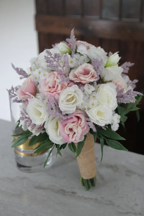 custom bridal bouquet recreation silk wedding flowers statice, limonium, lisianthus, jasmine greenery