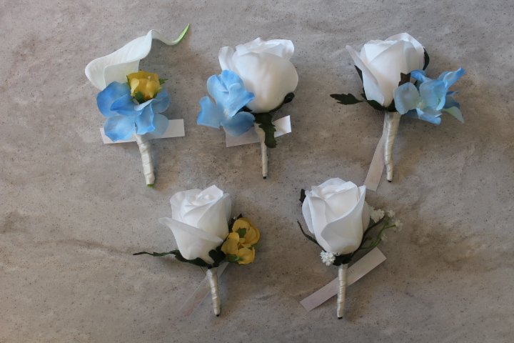 Back by Popular Demand Artificial White Heather Buttonholes with Wine Ribbon 