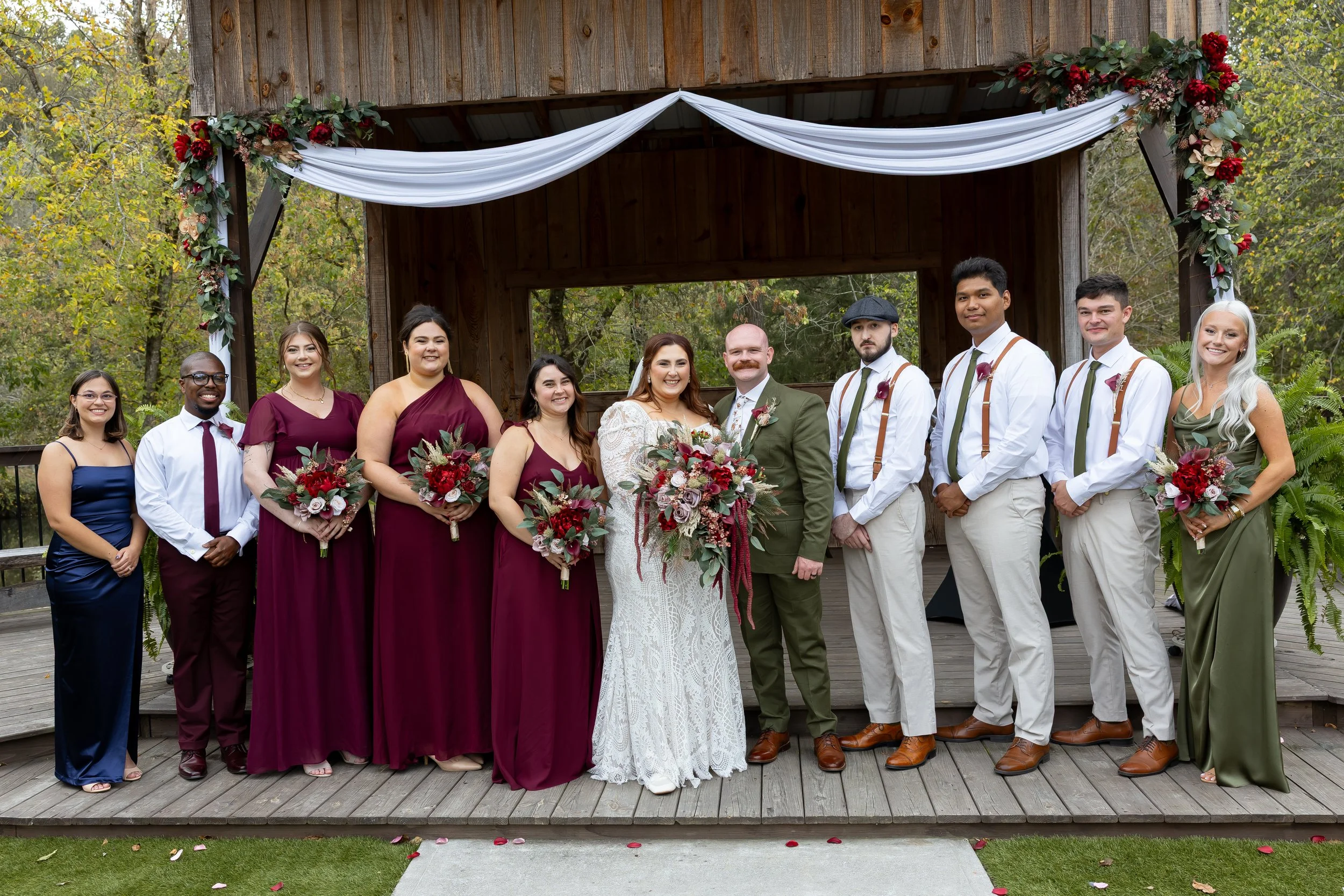 burgundy-silk-wedding-flowers-custom-bridal-bouquet-boutonnieres-bridesmaid-bouquets-arch-arrangement