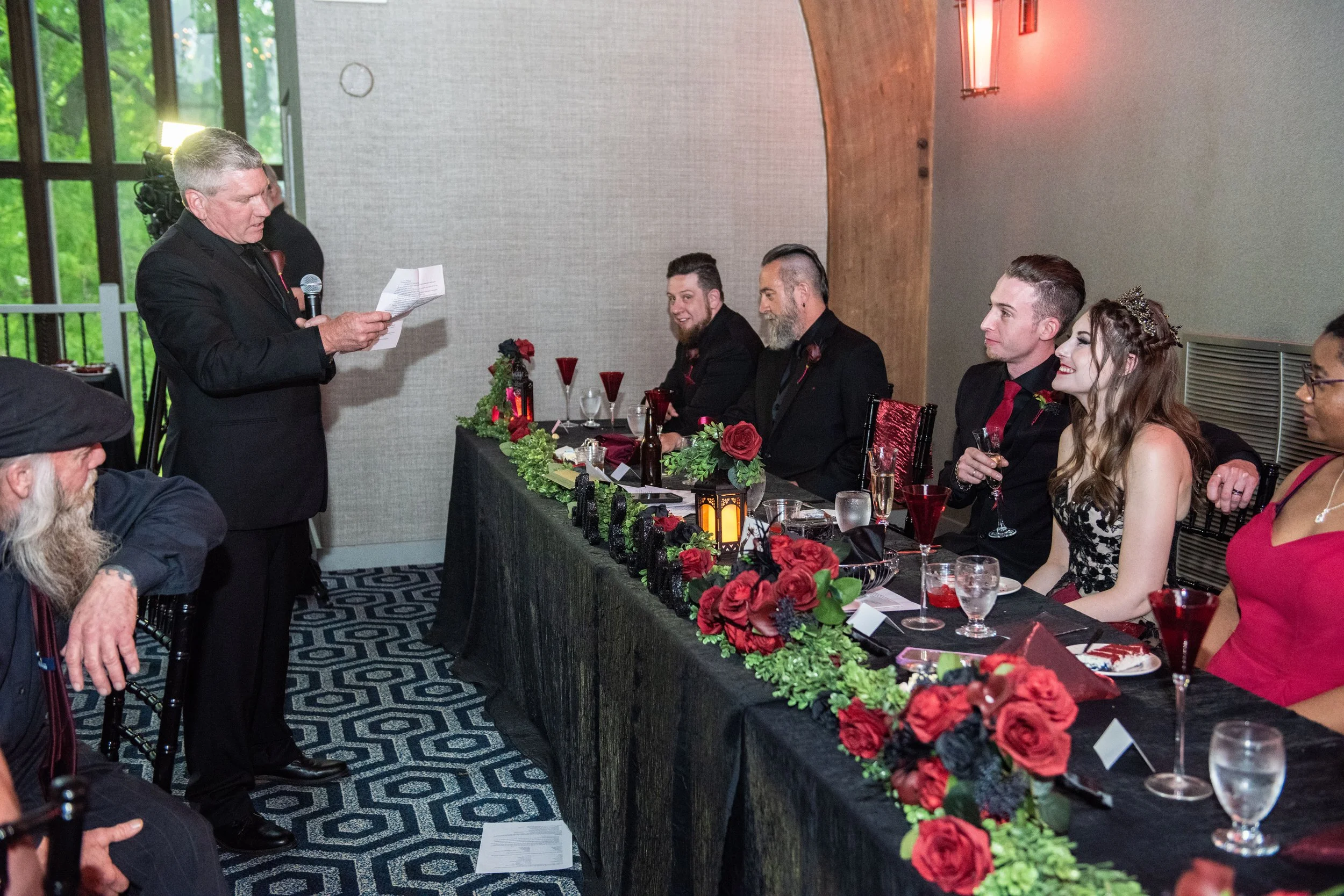 custom-red-black-wedding-flowers-bridal-bouquet-table-arrangements