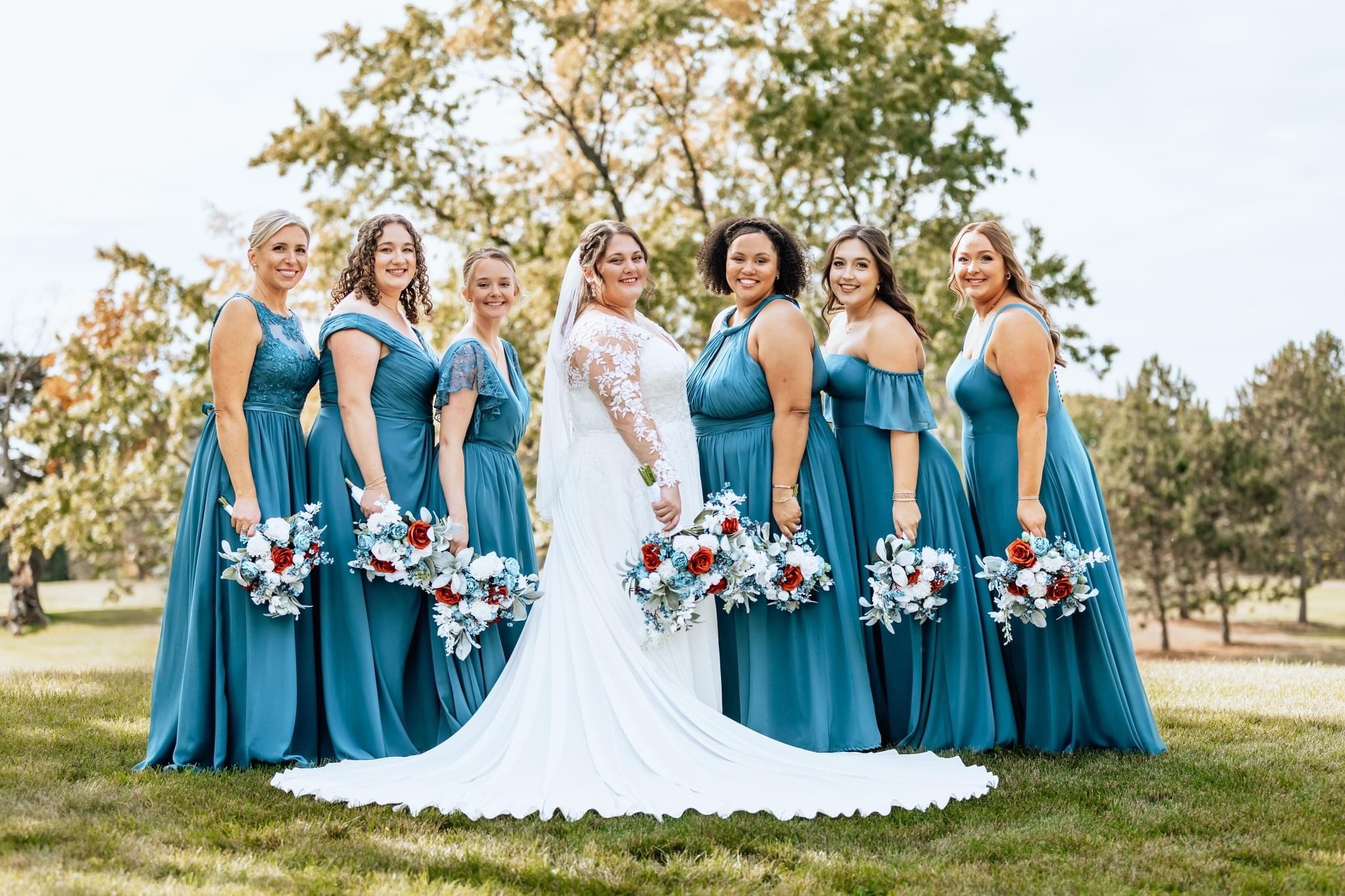 custom-silk-wedding-flowers-blue-terra-cotta-white-greenery-bridal-bouquet-bridesmaid-bouquets