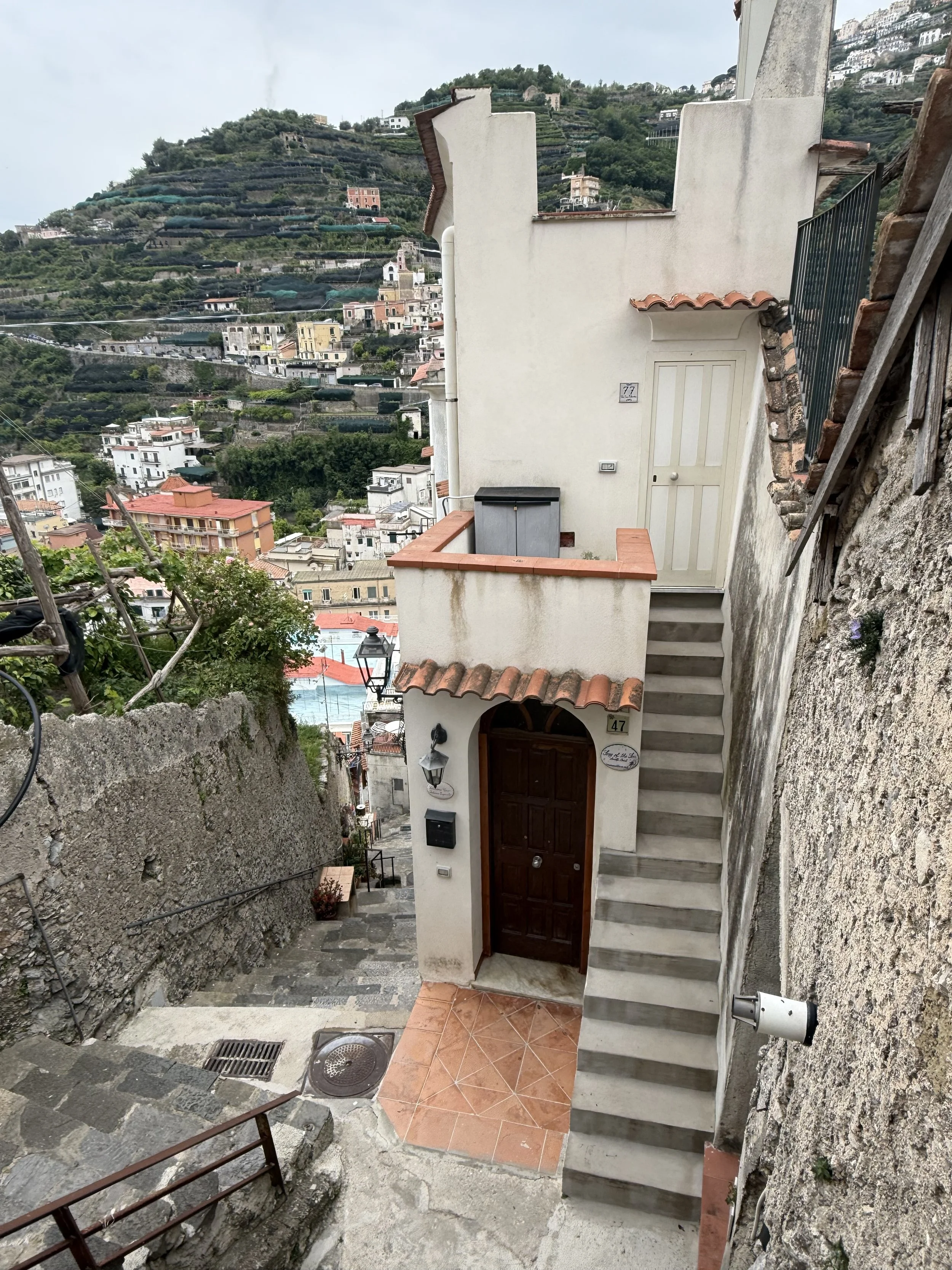 A narrow alleyway in a hillside town with a staircase, a white building with a wooden door, and a view of hillside houses and greenery in the distance.