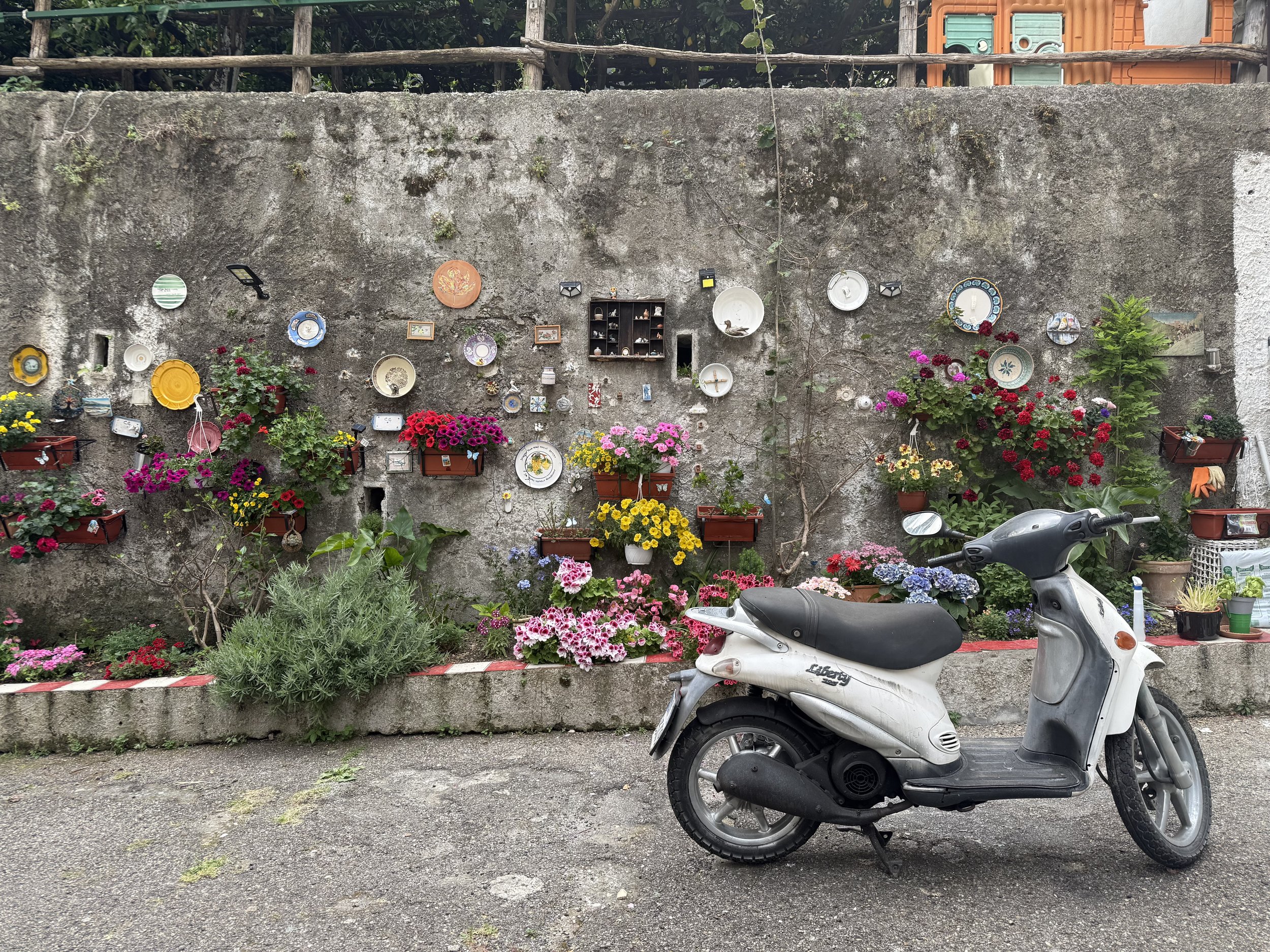 A concrete wall decorated with hanging plates, small framed pictures, and a small wooden cabinet. In front of the wall, there are flower pots with colorful flowers. Two scooters are parked at the curb in front of the scene.