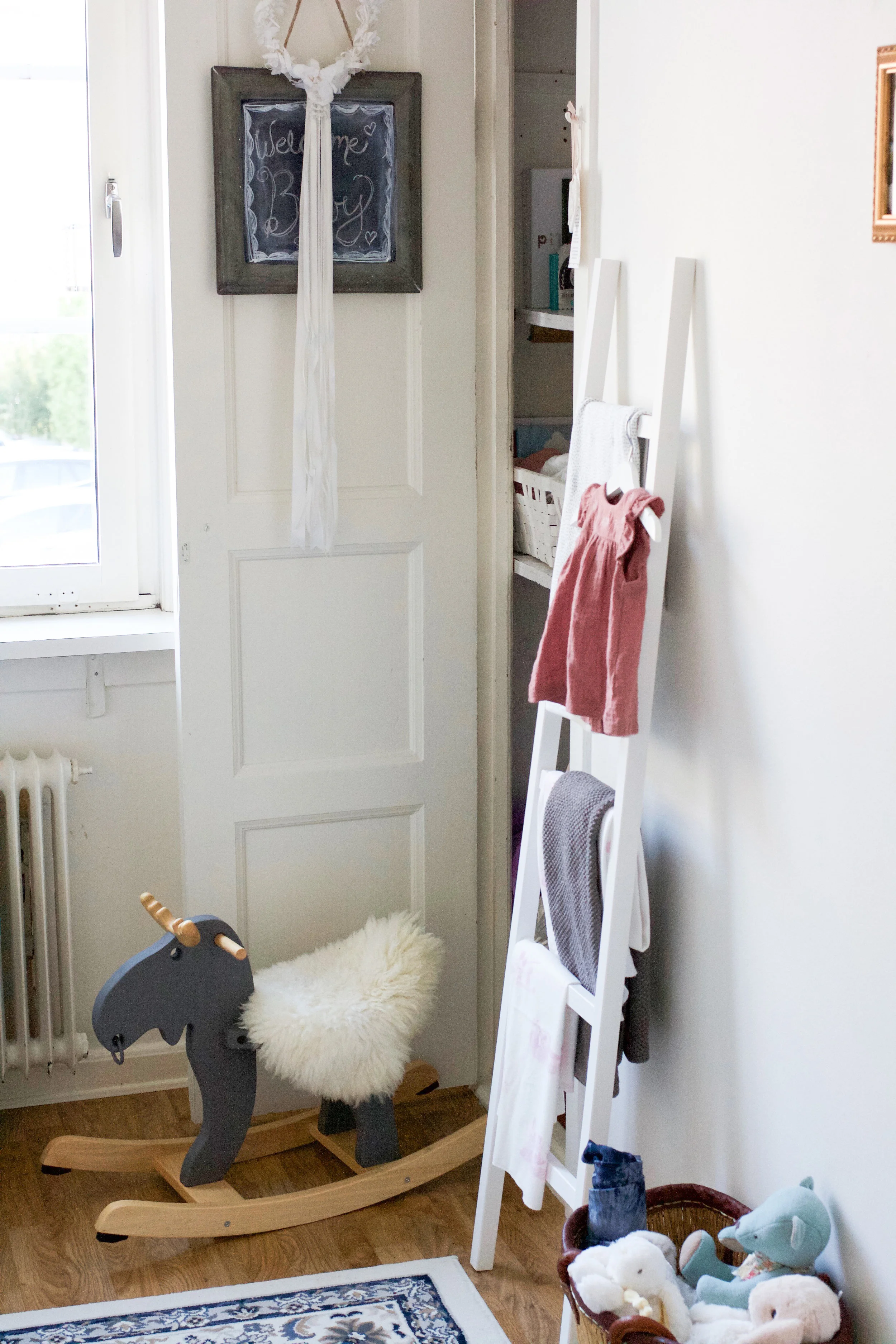 Isabella’s closet with the rocking moose I re-painted with her Tia Bea a week before she arrived. Every Swedish child needs a rocking moose, right?