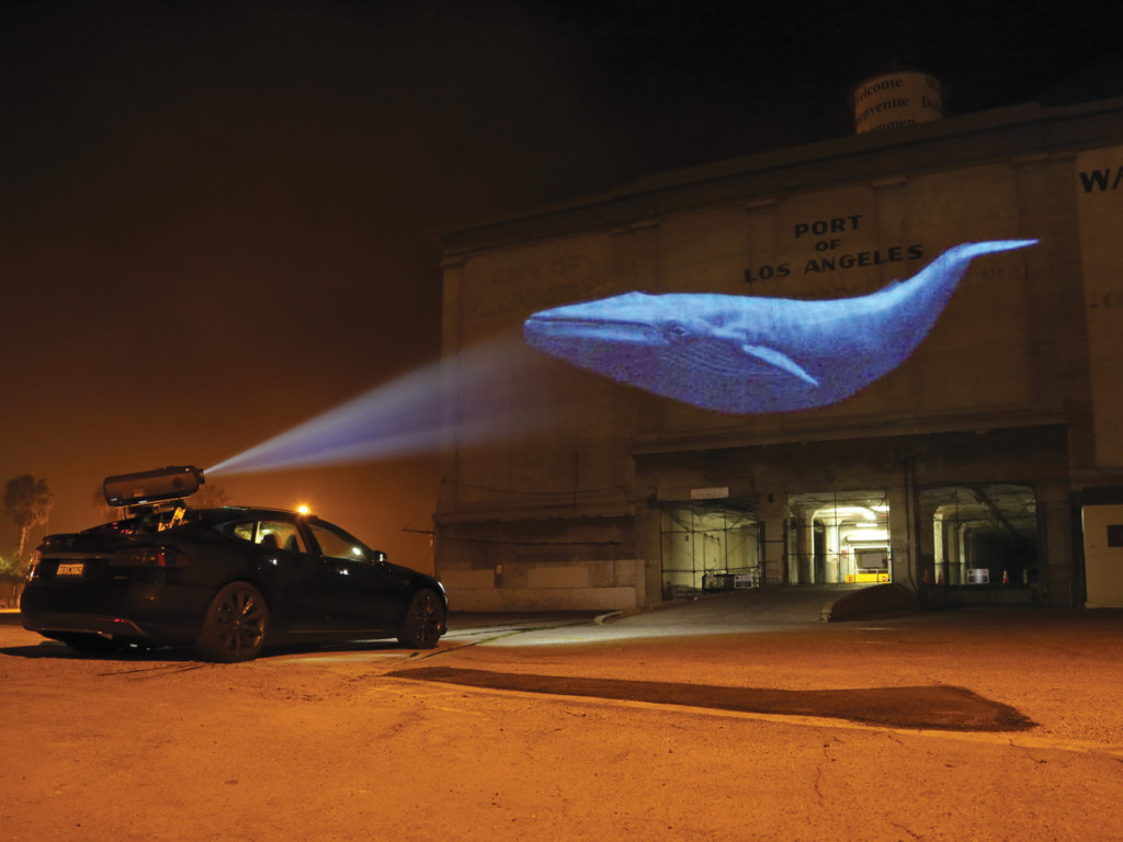 The retrofitted Tesla projects a blue whale onto a building. Credit: Andrew Eckmann