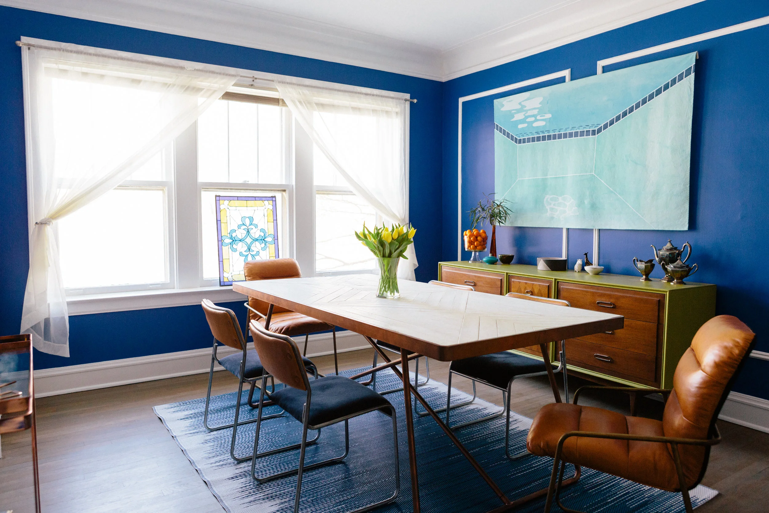 Unpatterned Chicago Colorful Mid-Century Dining Room