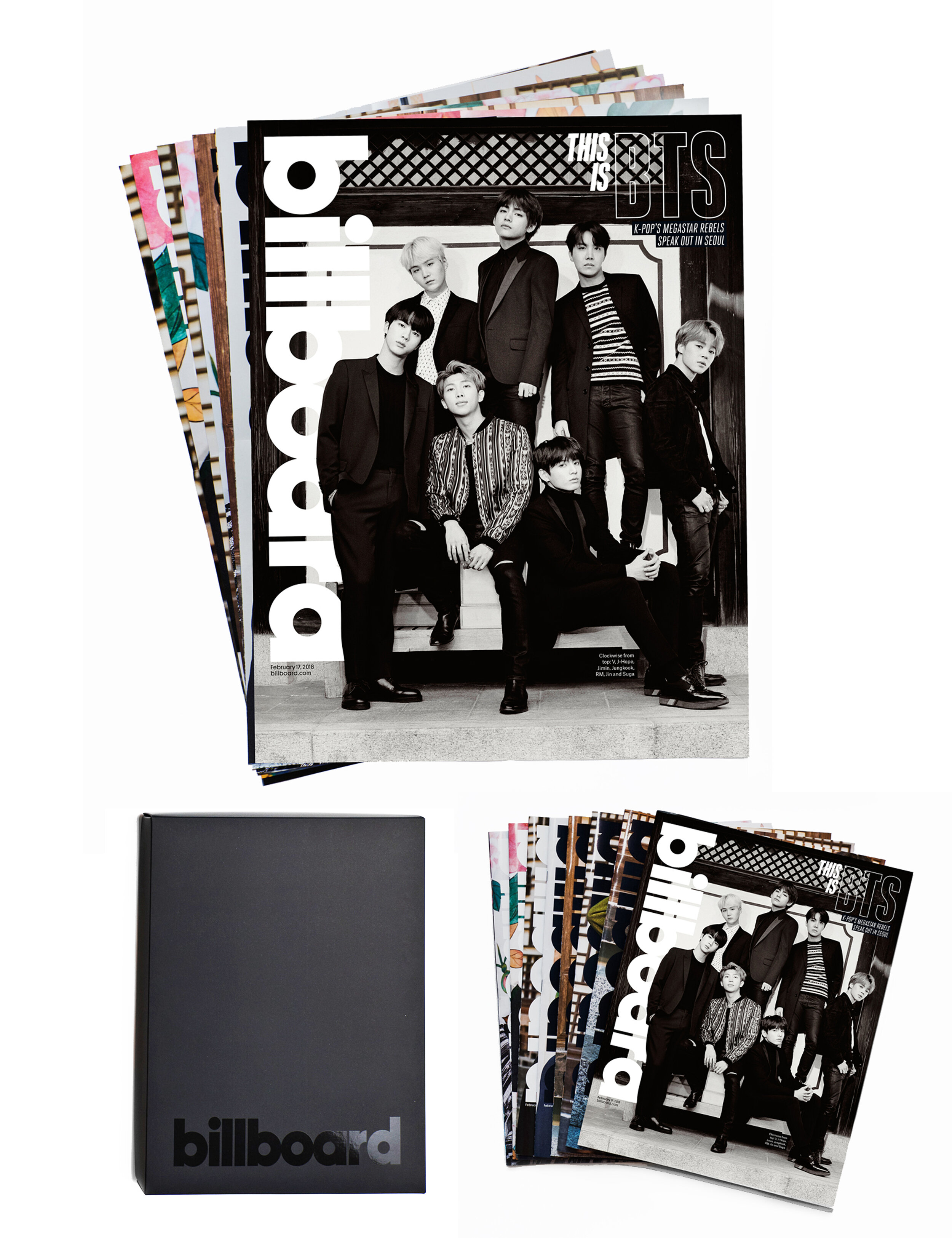  Billboard: BTS limited-edition box sets, featuring 8 full-size posters and 8 different covers featuring each member, all in a custom Billboard branded box. Set sold out in one week. 