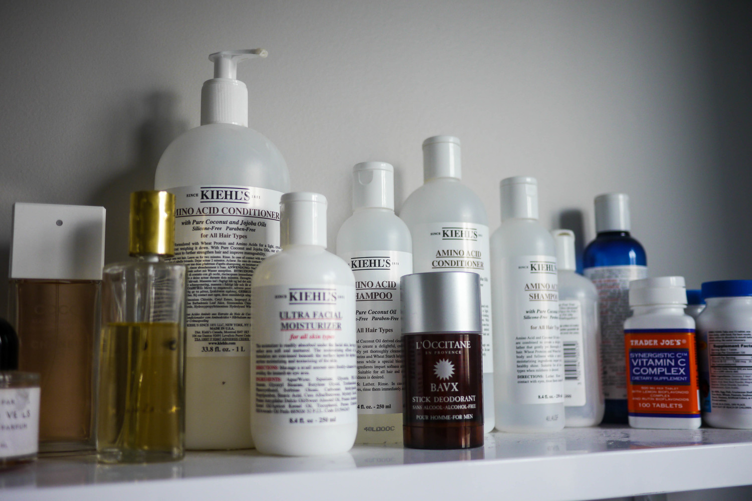 Kiehl's Ultra Facial Oil Free Toner , Kiehl’s Ultra Facial Moisturizer , Kiehl's Amino Acid Conditioner , Kiehl's Amino Acid Shampoo , L'Occitane Stick Deodorant , Trader Joe's Vitamin C Complex