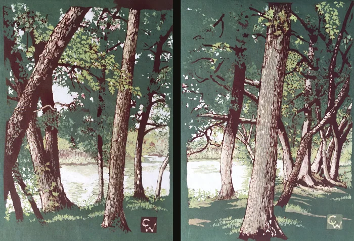 My final batik of the year ended up being a pair. I came upon this pond while riding a bike along a path in Barrington, RI. It stopped me in my tracks. The soft glow of a cloudy day lite up the water, and the contrasting deep shade under the trees along the bank was so quiet and peaceful, I had to hang out for a while. Most of my subjects are like that. I’m on a little personal adventure when some detail will grab my attention, and I just have to stop and study it. I’ll squint to see how light interacts. I might just sit and feel the air moving. For that moment, I am relaxed into a kind of bliss I rarely feel outside of raw nature. Brickyard Pond I & II Batik on Cotton 20 X 25” framed (ea) $680ea