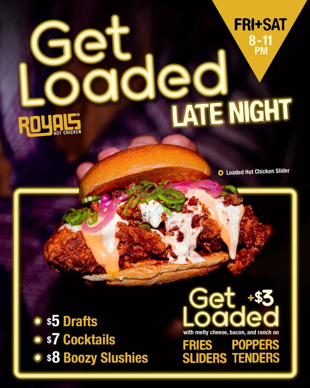 We're staying open later on the weekends to help you get loaded! 

Enjoy savings like $5 draft beers, $7 cocktails, and $8 Boozy slushies from 8-11pm. We're also launching loaded sliders. $3 to load up your favorite menu items like fries, sliders, ch