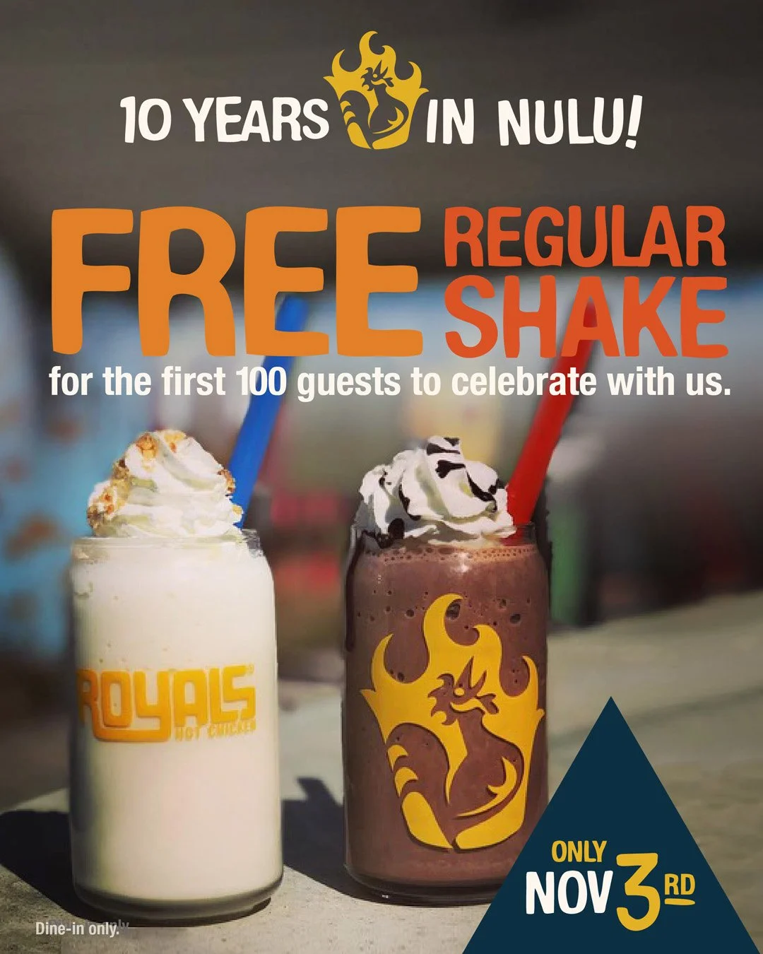 🥤 Get a FREE SHAKE, today, November 3rd!🥤Join us to celebrate 10 years in NULU and the first 100 guests will receive a free regular Shake with purchase. 10 years? Hey, we'll drink to that. 🔥 

#10years #Royals #hotchicken #freemilkshake #Louisvill