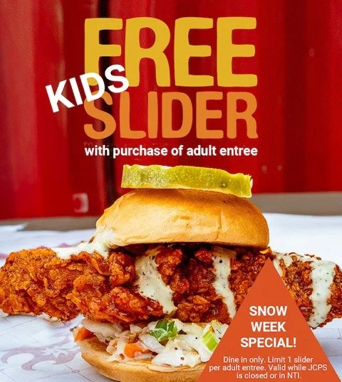 Snow day special! ❄️ 🔥 Get a FREE Kids Slider* with purchase of an adult entree when JCPS is closed or in NTI this week.

#royalshotchicken #louisville #snowday #louisvilleeats

*Dine in only. Limit 1 slider per adult entree. Valid while JCPS is clo