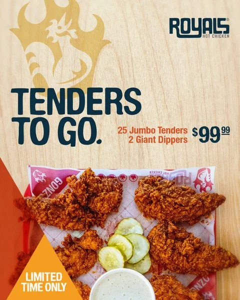 📣 Get your order ahead of time for our Game Day Tenders Special - 25 Jumbo Tenders and 2 Giant Dippers for $99.99! 📣

How to order:
🏈 Go to royalschicken.com and click "Online Ordering and Delivery"
🏈 Click on "NULU/Market Street&q