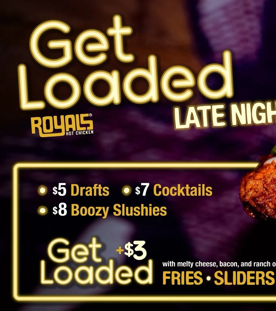 Enjoying Nulu this weekend? We have some specials to help you fuel up or refuel. Either way.

Every Friday and Saturday from 8pm until close, make any order of Sliders, Fries, Tenders, or Poppers even better for only $3 by adding crispy bacon, melted