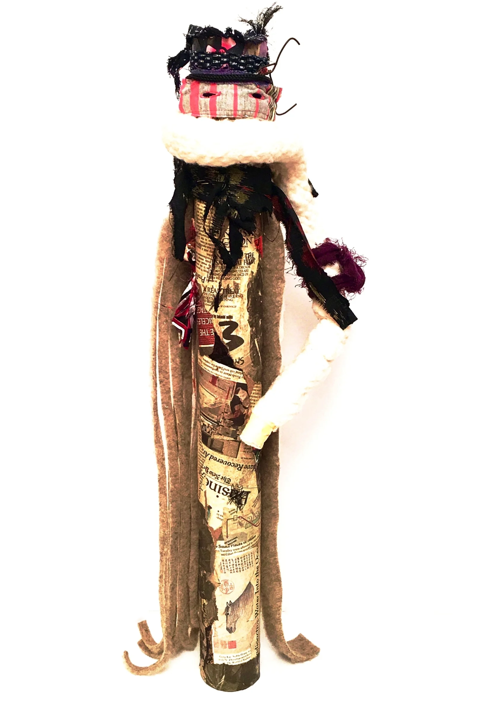 Long Arm Cotton, newspaper, felt, recycled textiles, buttonholes, paper, Japanese textiles, marker, acrylic, rust on industrial cardboard tube 27 x 9” round 2016