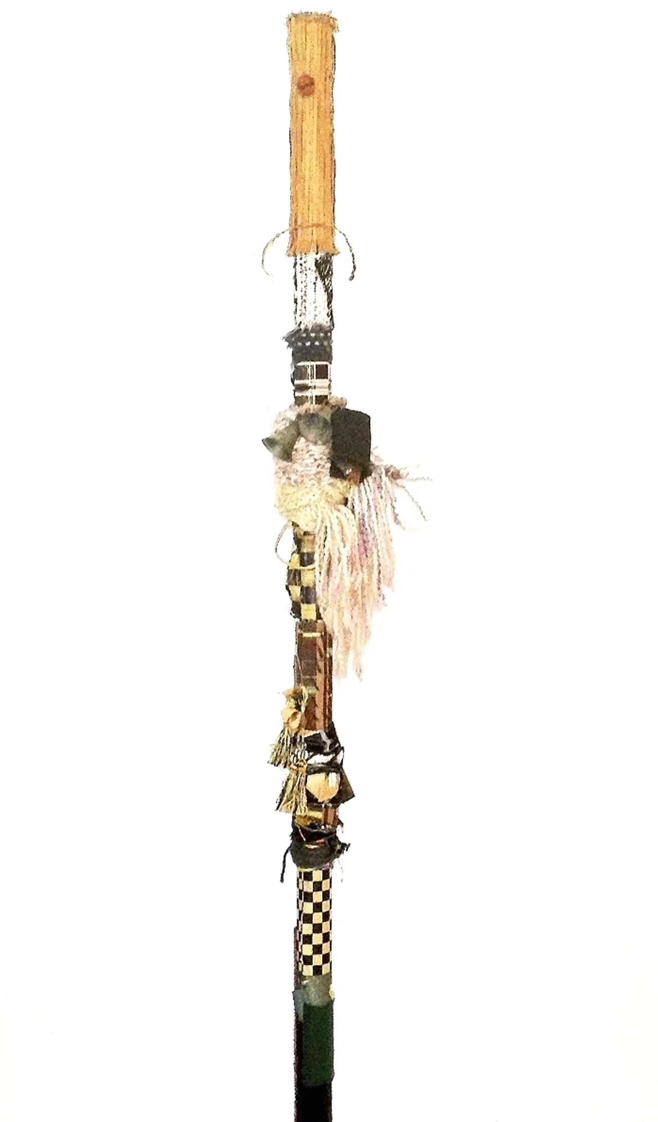 Rhythm Stomp Dancer Rusty bells, India bells, textiles, paper, camel tassels from India, cellophane, yarn, cord, acrylic, felt on industrial cardboard 55 x 8” round 2015