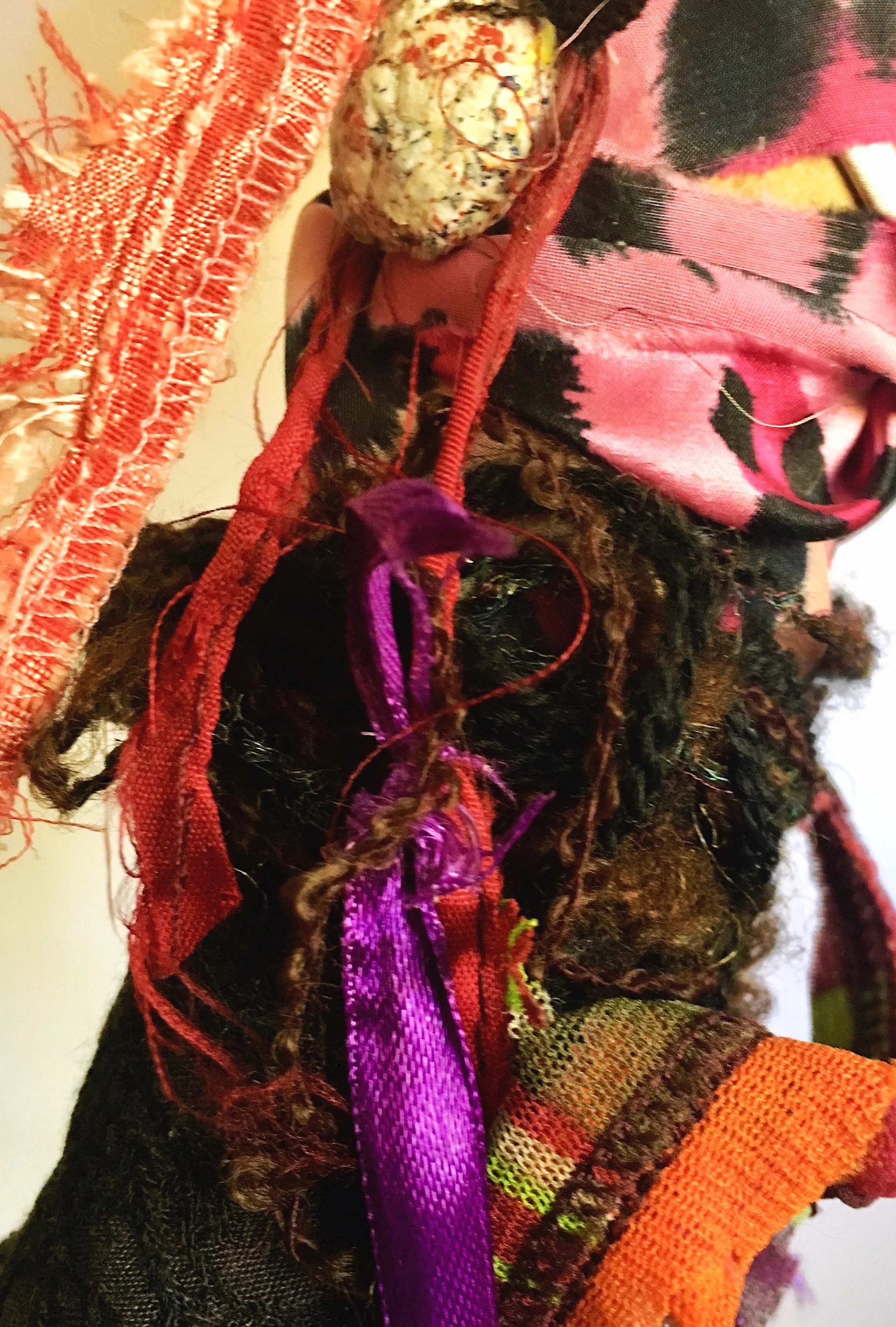 Wedding Dancer (Detail) Recycled textile, Japanese cellophane, rust, vintage thread spool, acrylic, paper, yarn, ribbon, cord, on industrial cardboard tube 57 x 12” round 2013-2018