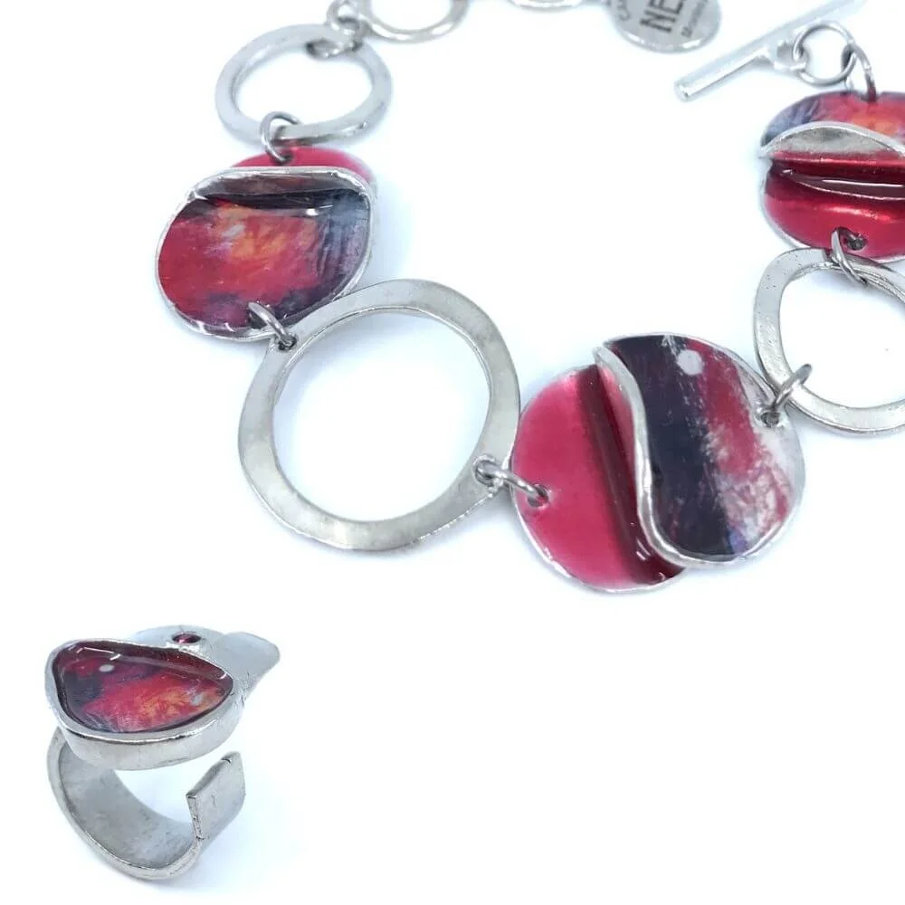 bracelet et bague arrondi, résine rouge, création québécoise