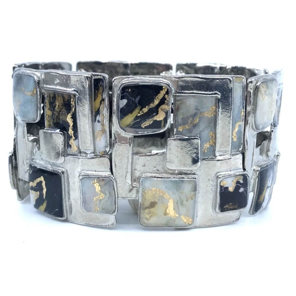 bracelet élastique en étain noir et or, création québécoise