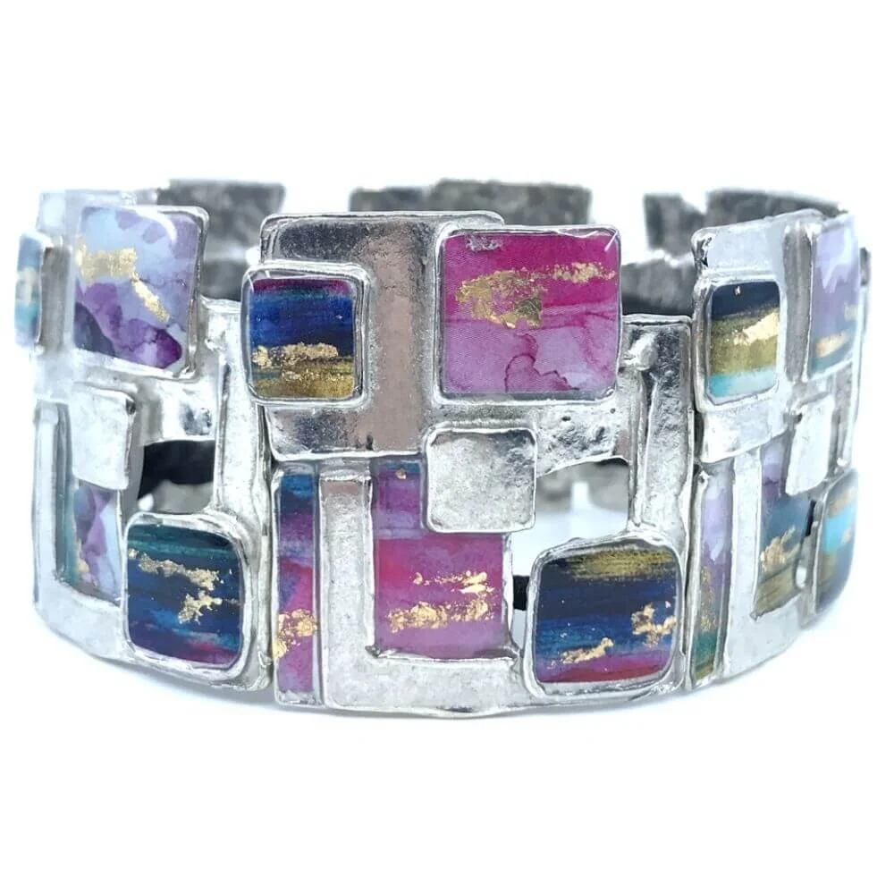 bracelet élastique en étain violet et or