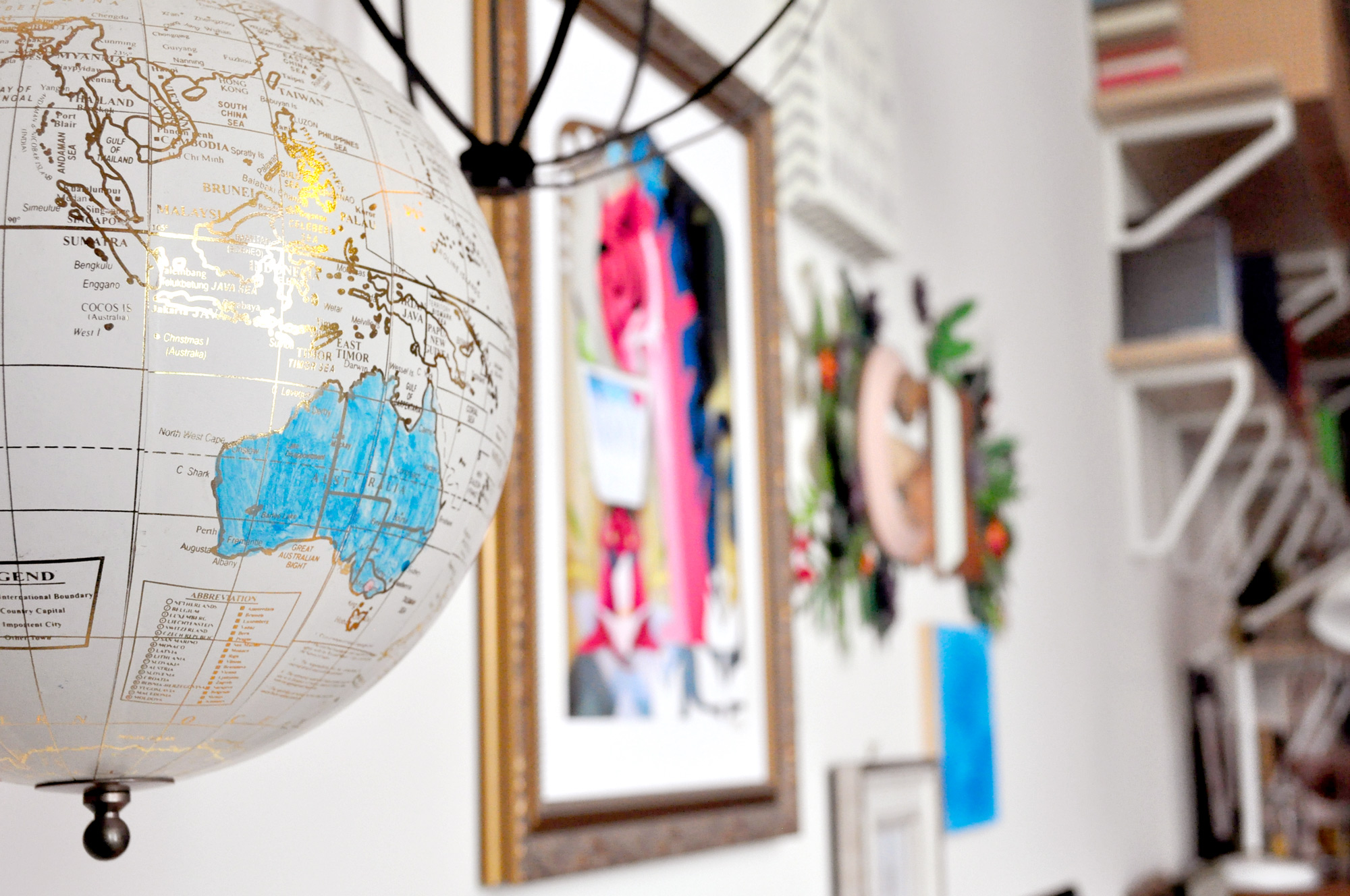 I try to keep this hanging globe updated with all the places my artwork has gone over the years. It's really exciting to see where my works get to travel, and I like to think it's making someone smile is each of those places at any given time.
