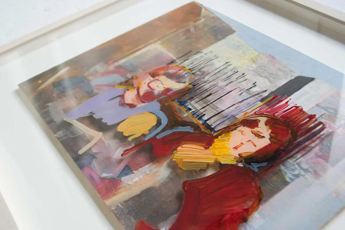 Operating as a team. Acrylic on board, Acrylic on glass, framed 50 x 60cm