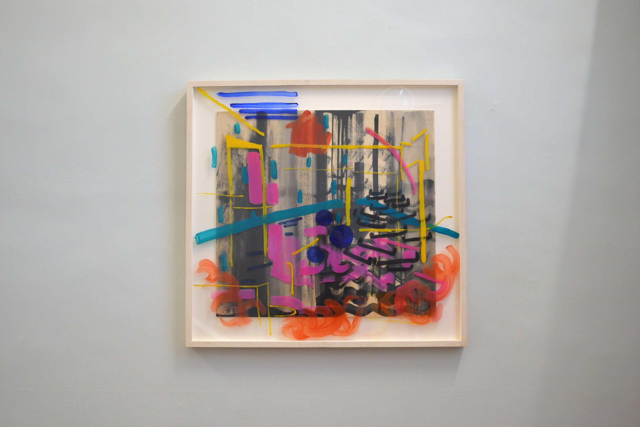 Coloured space, Black Curtain, (2018), Oil on Board, acrylic on glass, framed. 90 x 86cm