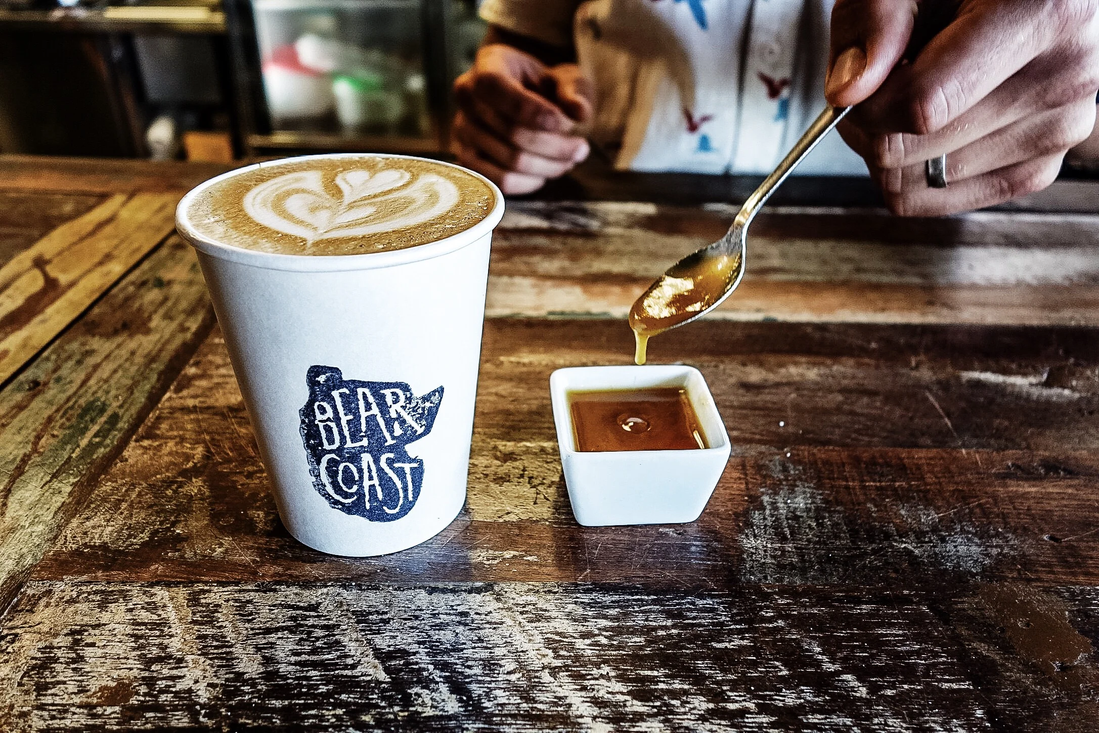 Pumpkin Latte made with homemade syrup: Caramelized pumpkin (baked pumpkin pureed, caramelized in olive oil, fresh ginger, turbinado sugar, cinnamon, clove, nutmeg)